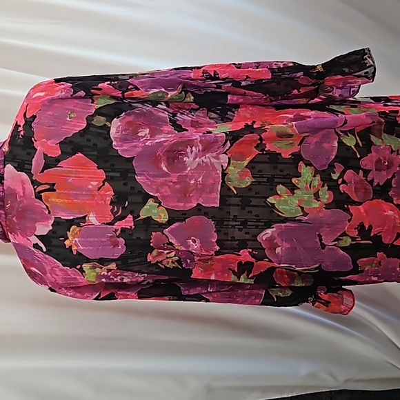 Pink Black Chiffon Susan Graver long sleeve button down tunic jacket - Picture 6 of 10